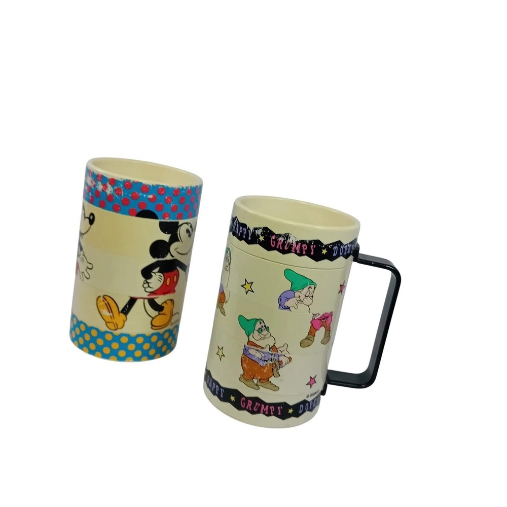 Set x2 Vintage Elandia Walt Disney Mickey Mouse Rotating Slider Mix Mug Plastic - Picture 6 of 10